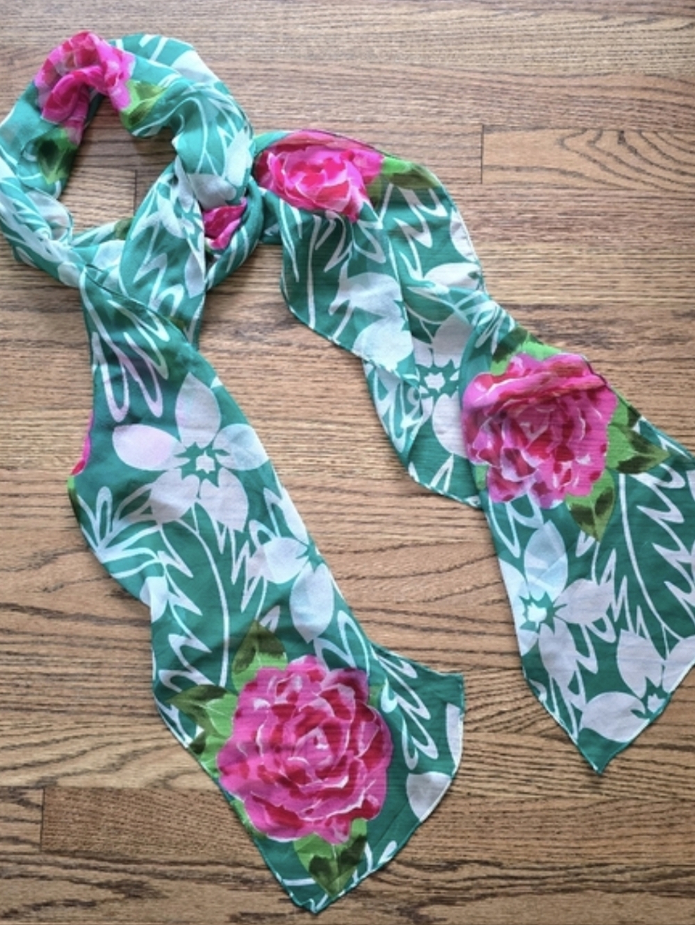 Vintage Silk Scarf Roses Head Tie Neck Wrap Rose Garden Long 84" X 9"